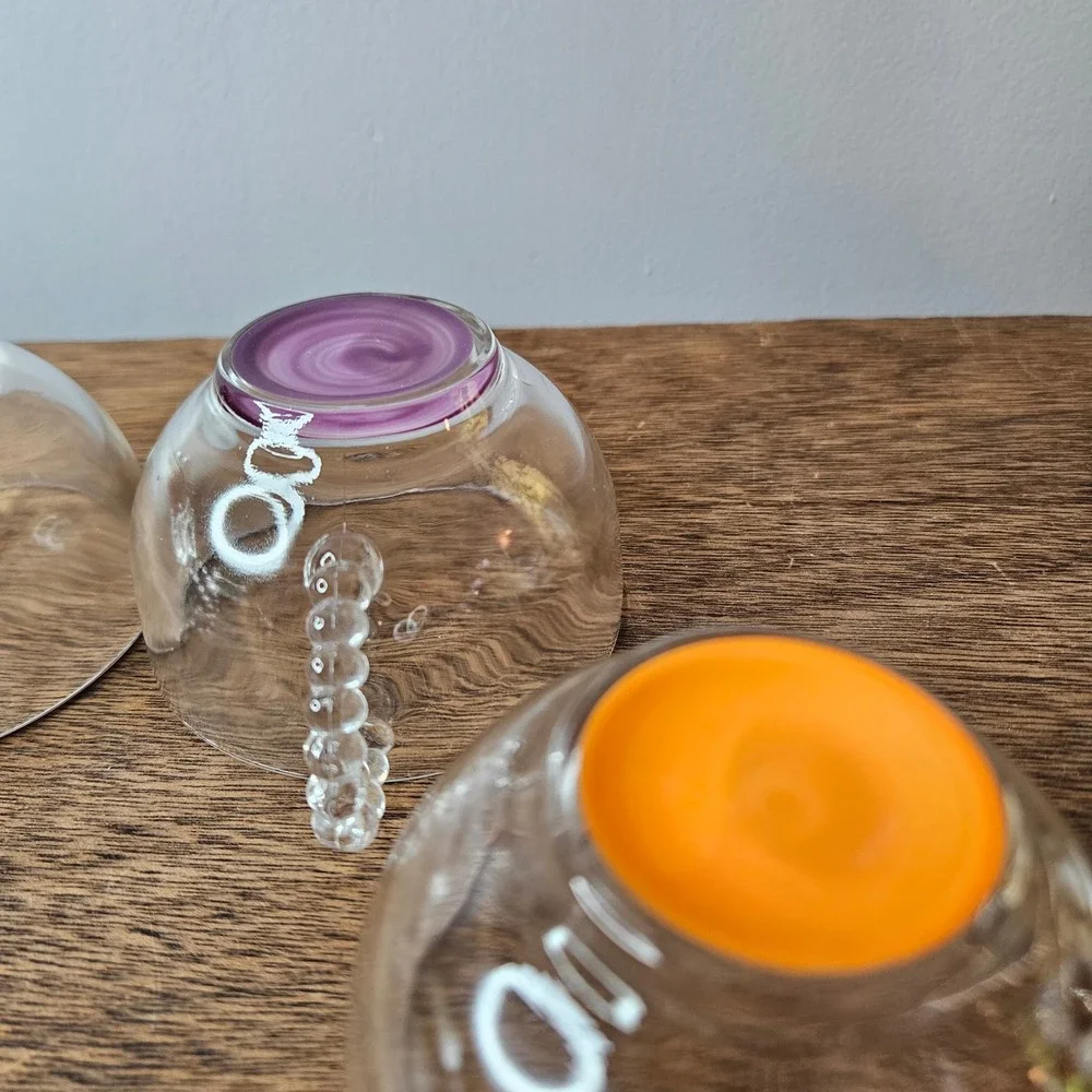 Set of 4 Hand Blown Glass Tea Cups Hobnail‎ Handles Multicolor Base Bohemian Vtg